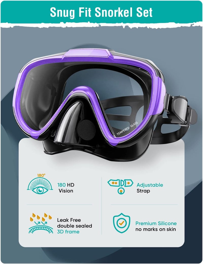 Seovediary Snorkel Set Adults Snorkeling Gear Anti-Fog Panoramic View Swim Mask Dry Top Snorkel Kit with Carry Bag for Snorkeling Scuba Diving Swimming Travel - Image 2